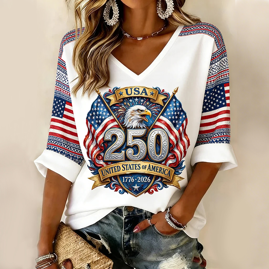 Ladies' Casual American 250Th Anniversary Celebration V-Neck Half Sleeved T-Shirt