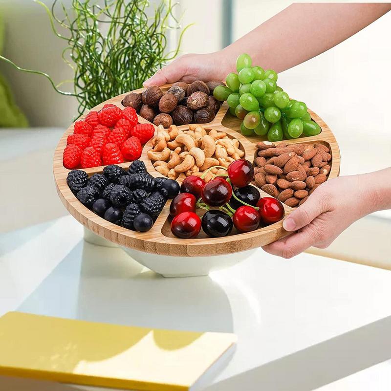 Bamboo Appetizer Party Platter Divided Serving Tray With 5 Compartments Fit For Serving Dishes Serving Platters Chip And Dip Tra
