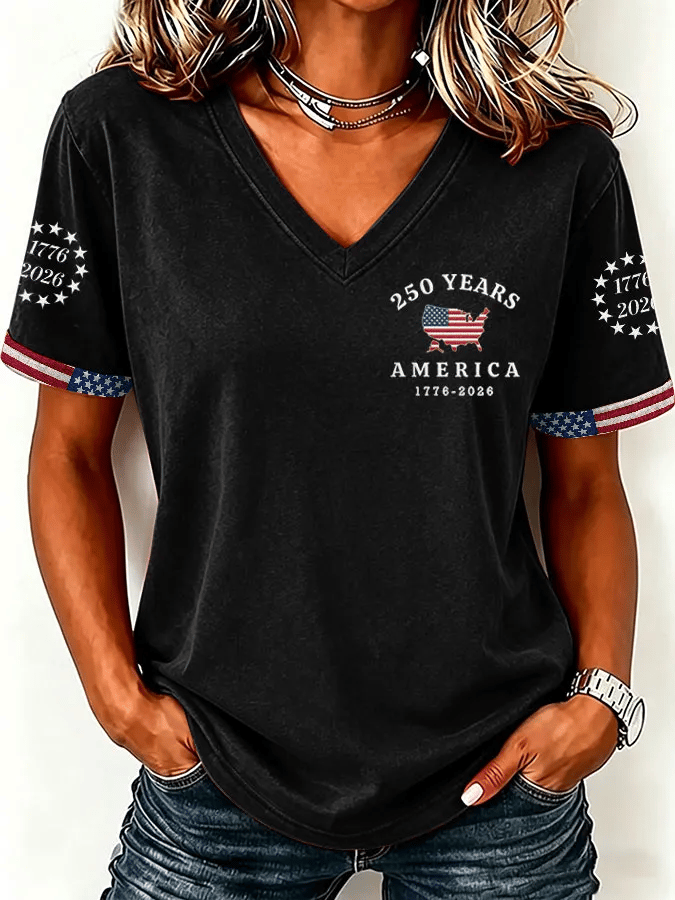 Women's America 250 Years 1776-2026 Print V Neck T-shirt
