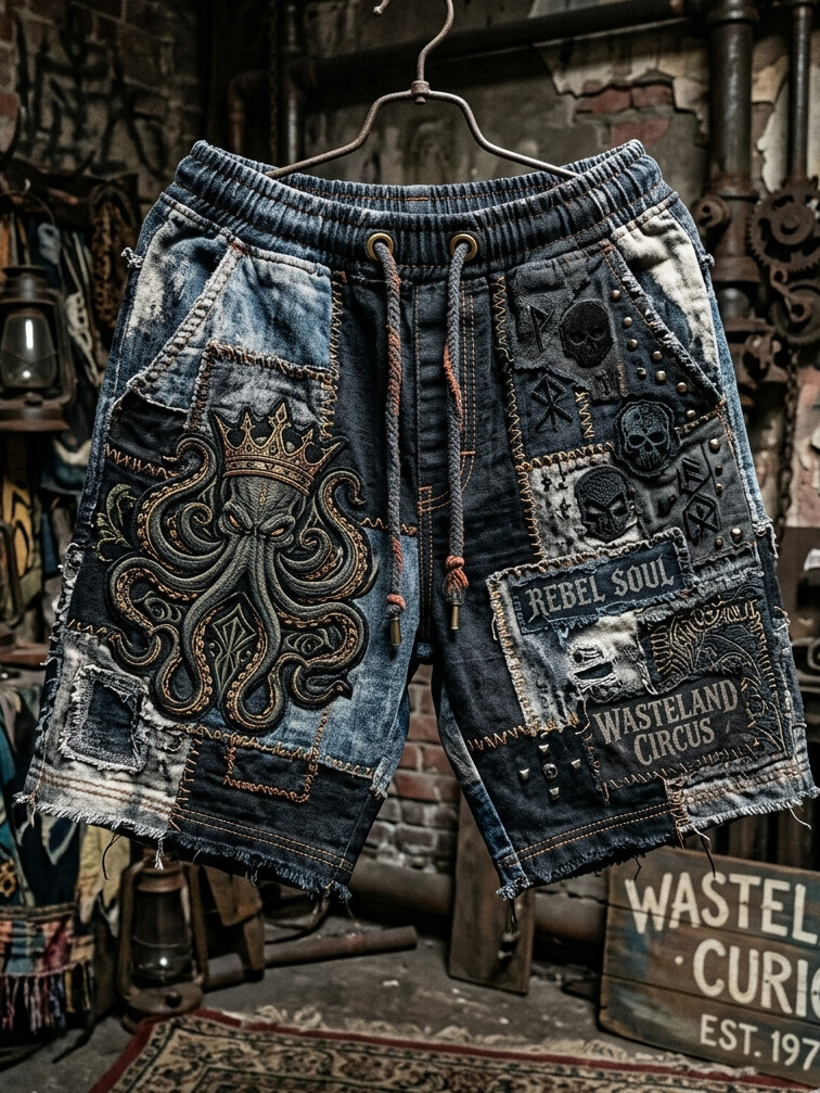 Men's Octopus & Skull Patchwork Rebel Soul Wasteland Circus Art Print Casual Shorts