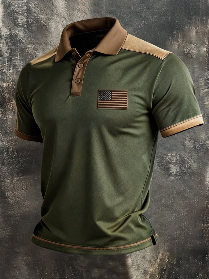 Men's Retro Patriot Color Block Polo Collar Short Sleeve