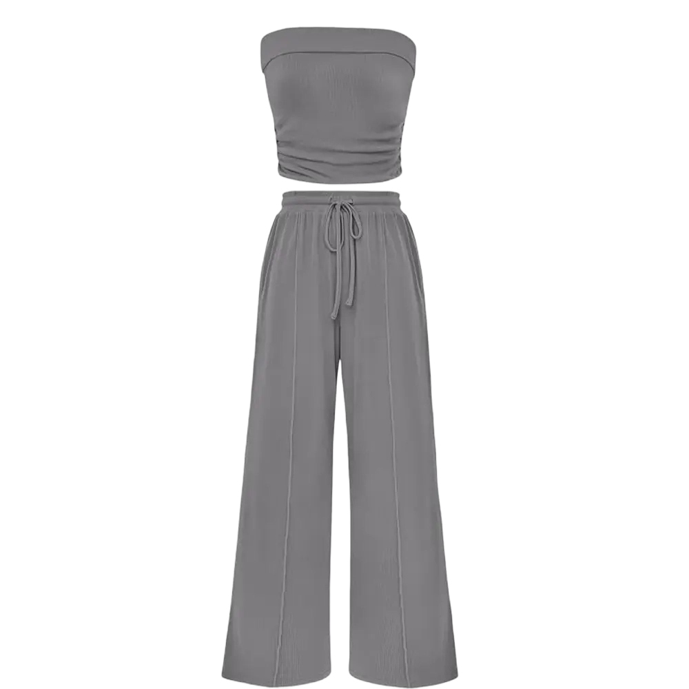 Women's Summer Outfits 2 Piece Sets Casual Ribbed Knit Crop Top & Wide Leg Pants