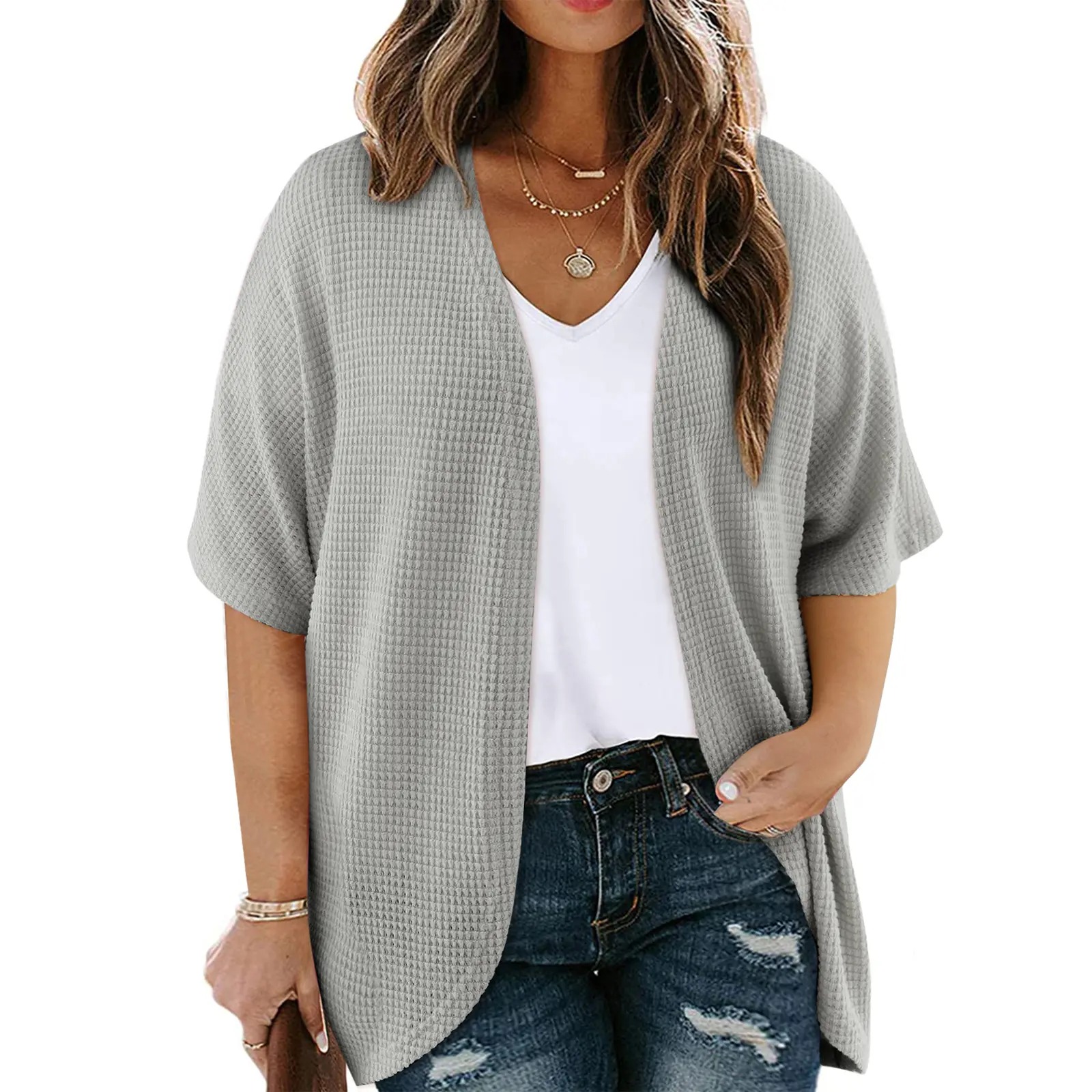 Women's Plus Size Cardigan Casual Short Sleeve Waffle Knit Kimono Open Front Tops(1X-5X)