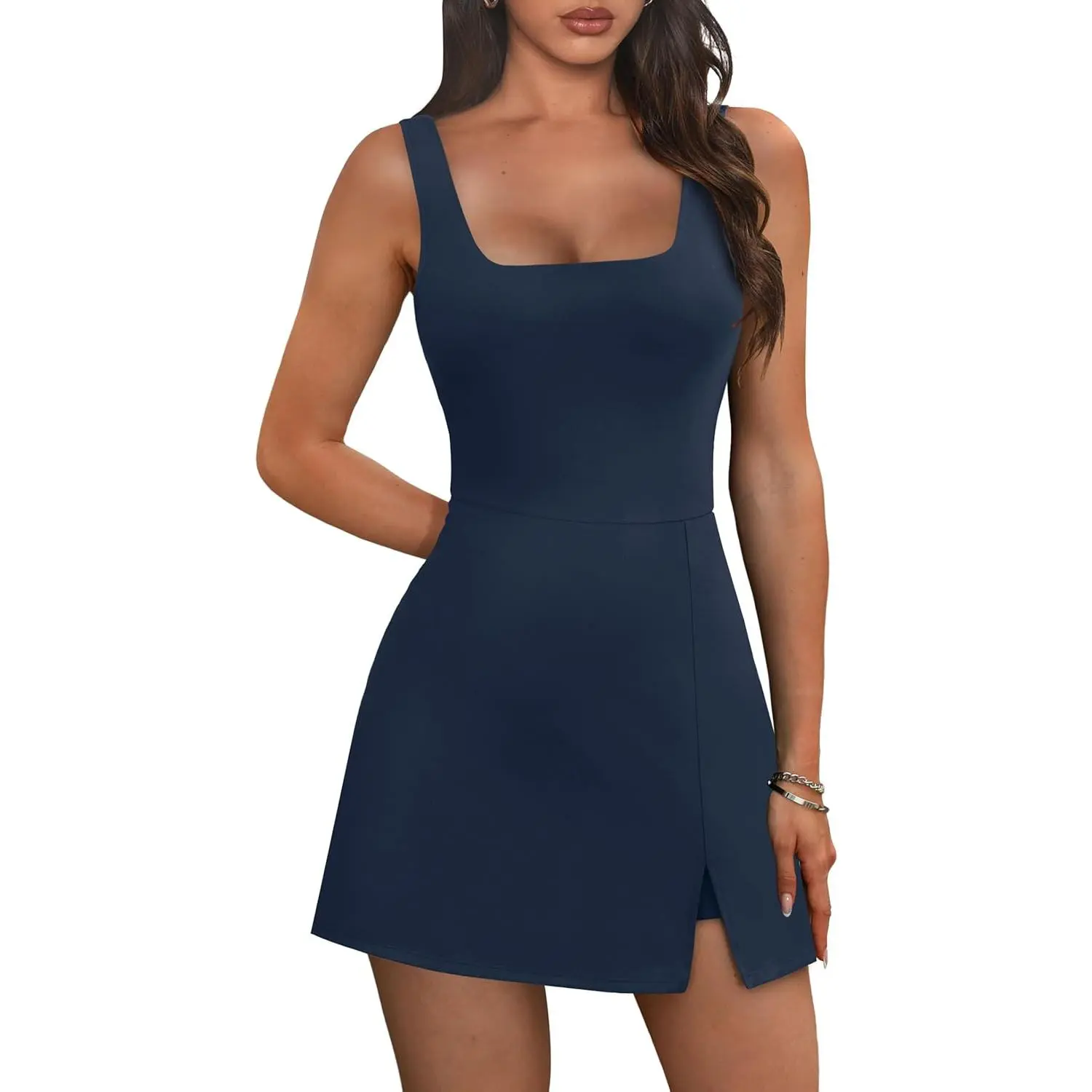 Athletic Dress for Women Mini U Neck Sleeveless Built in Shorts with Pockets Tennis Golf Graduation