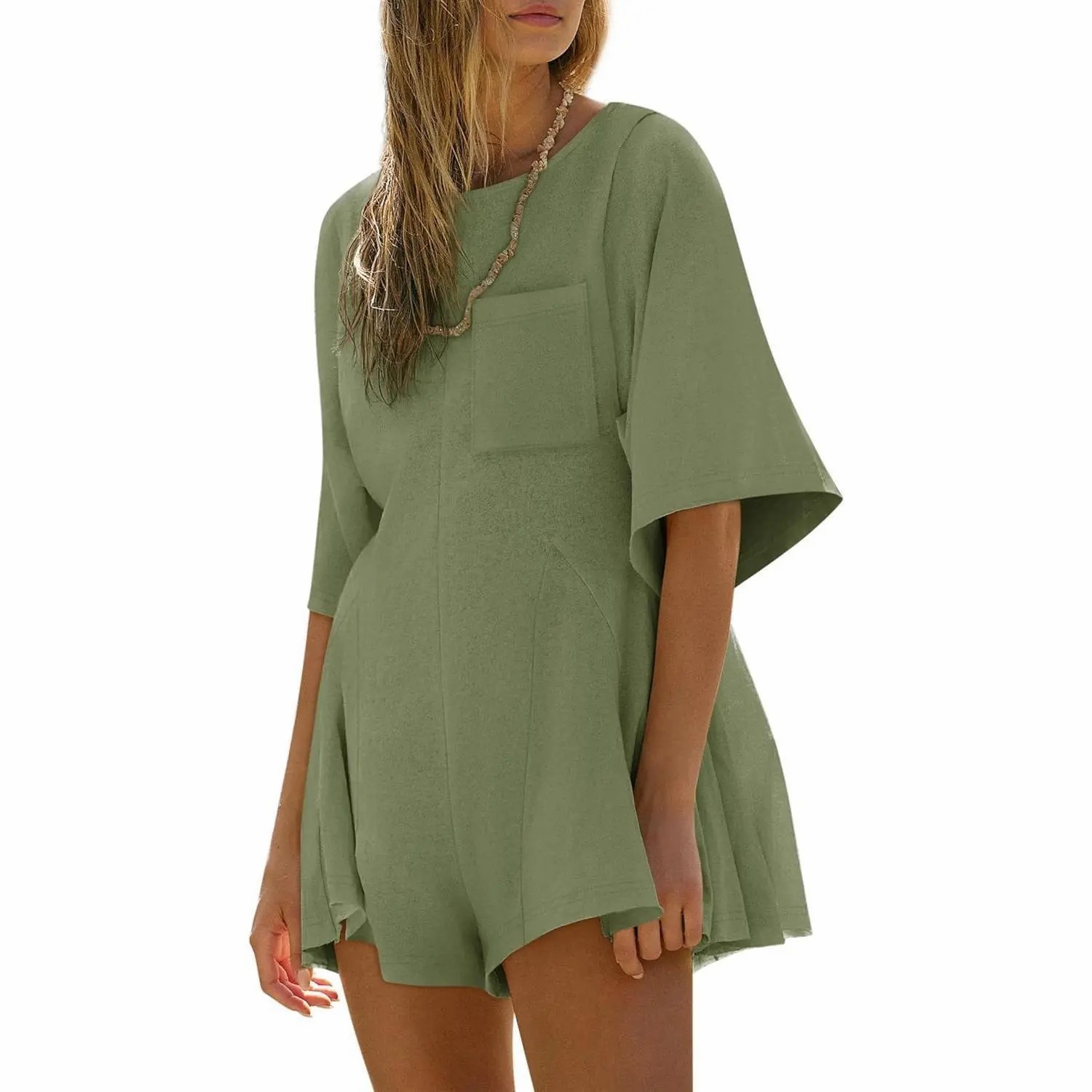 Women's Short Sleeve Loose Jumpsuit – Casual Crew Neck Romper with Pockets