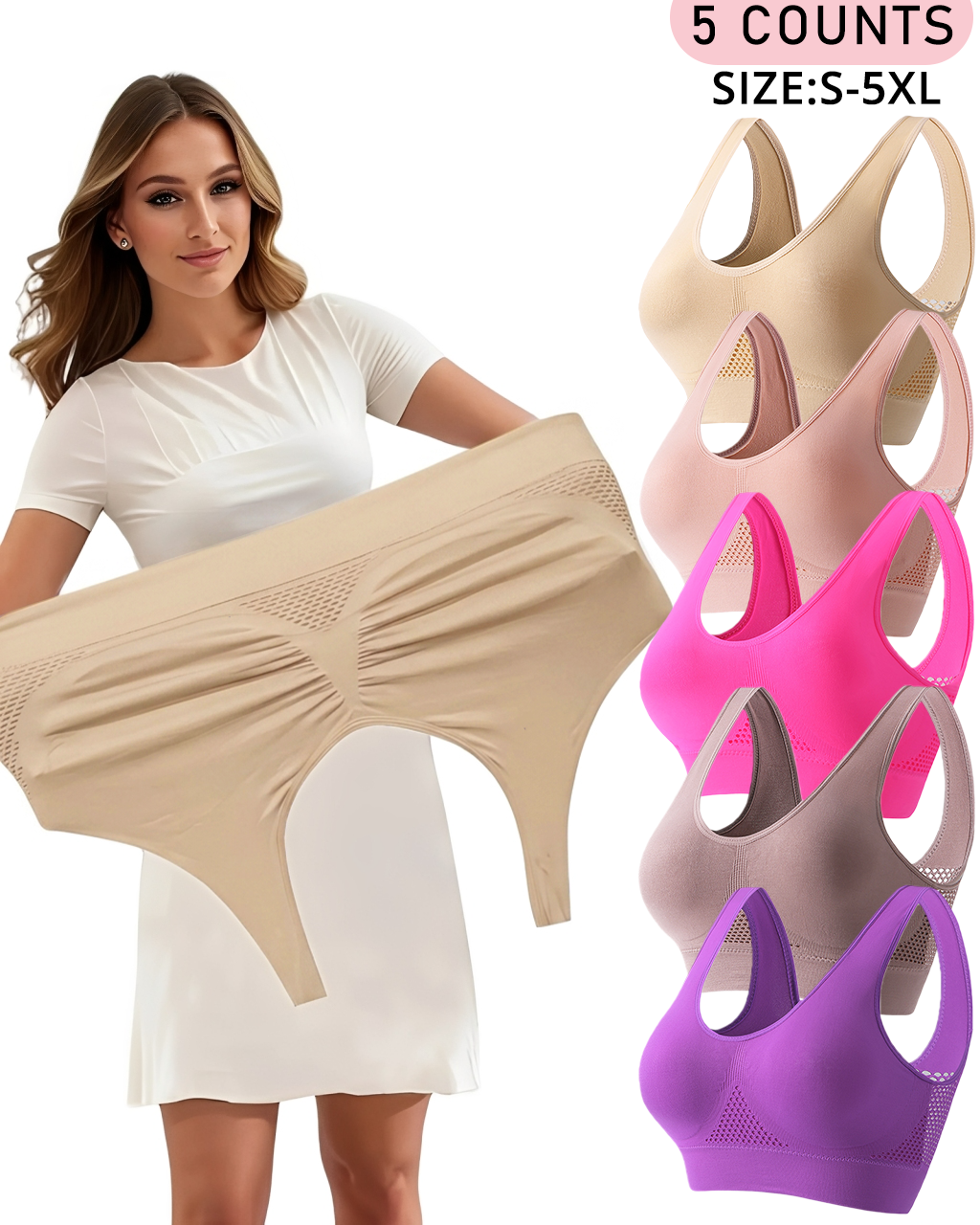 🔥Plus Size Up to 5XL🔥Curvy Breathable Hollow Out Wireless Bra (5 Pack)