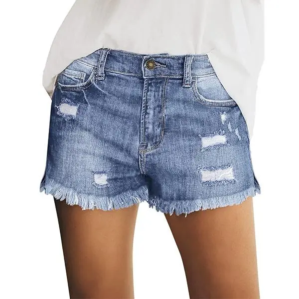 Women's Casual Mid Rise Denim Shorts Stretch Ripped Raw Hem Jean Shorts Basic Fitted Bottom for Summer