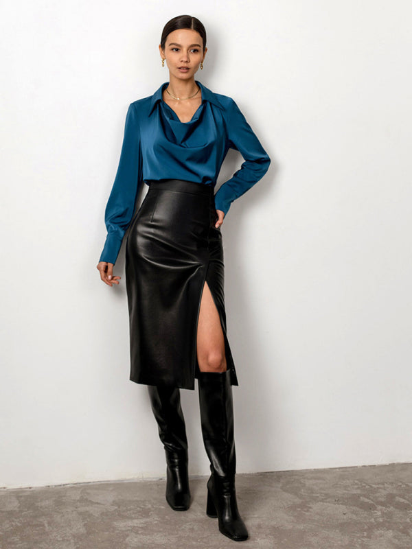 Slit Pu Leather Skirt High Waist Bag Hip Skirt