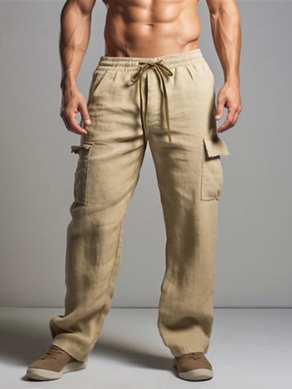 Men's Daily Cargo Pocket Drawstring Elastic Waist Cotton Linen Straight Leg Pants