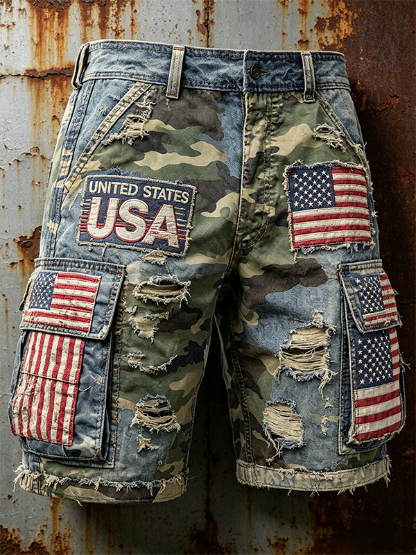 Men's Vintage Camouflage USA Flag Patch Distressed Ripped Art Print Denim-Like Casual Shorts