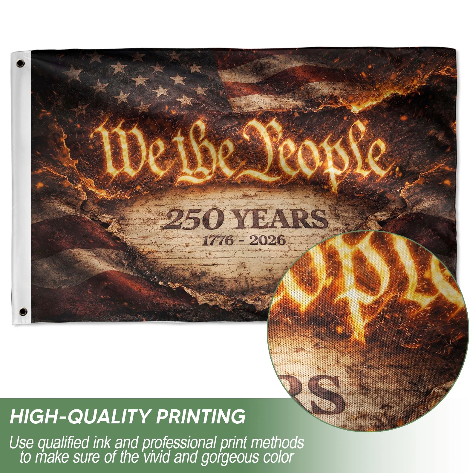We The People 250 Years Flag 1776–2026 – Fire Style Patriotic Double