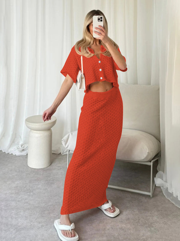 Knitted Crochet Multicolor Cardigan Button Skirt All-match Set Dress