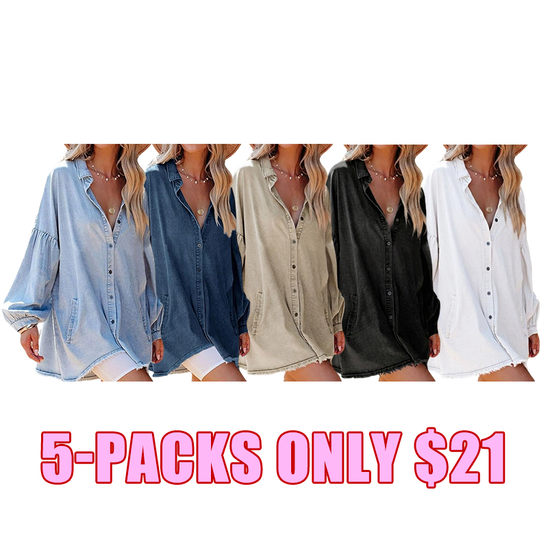 Women's Oversized Distressed Denim Jacket with Pockets