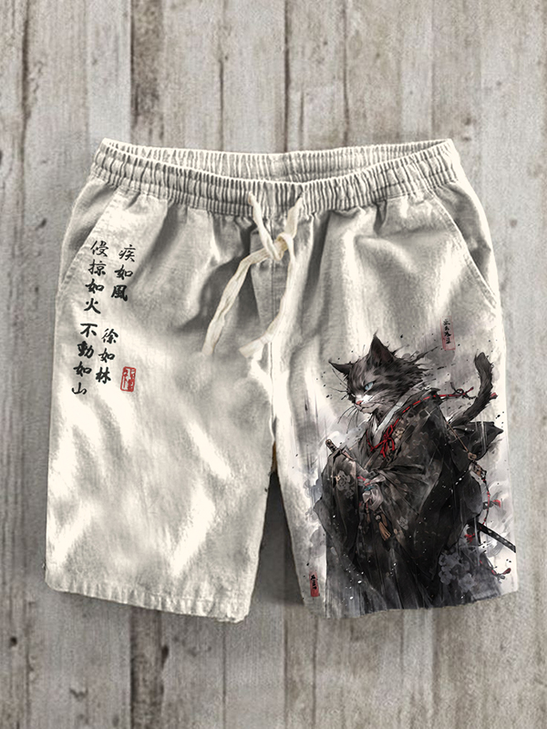 Men's Japanese Samurai Cat Ink Painting Print Cotton And Linen Shorts