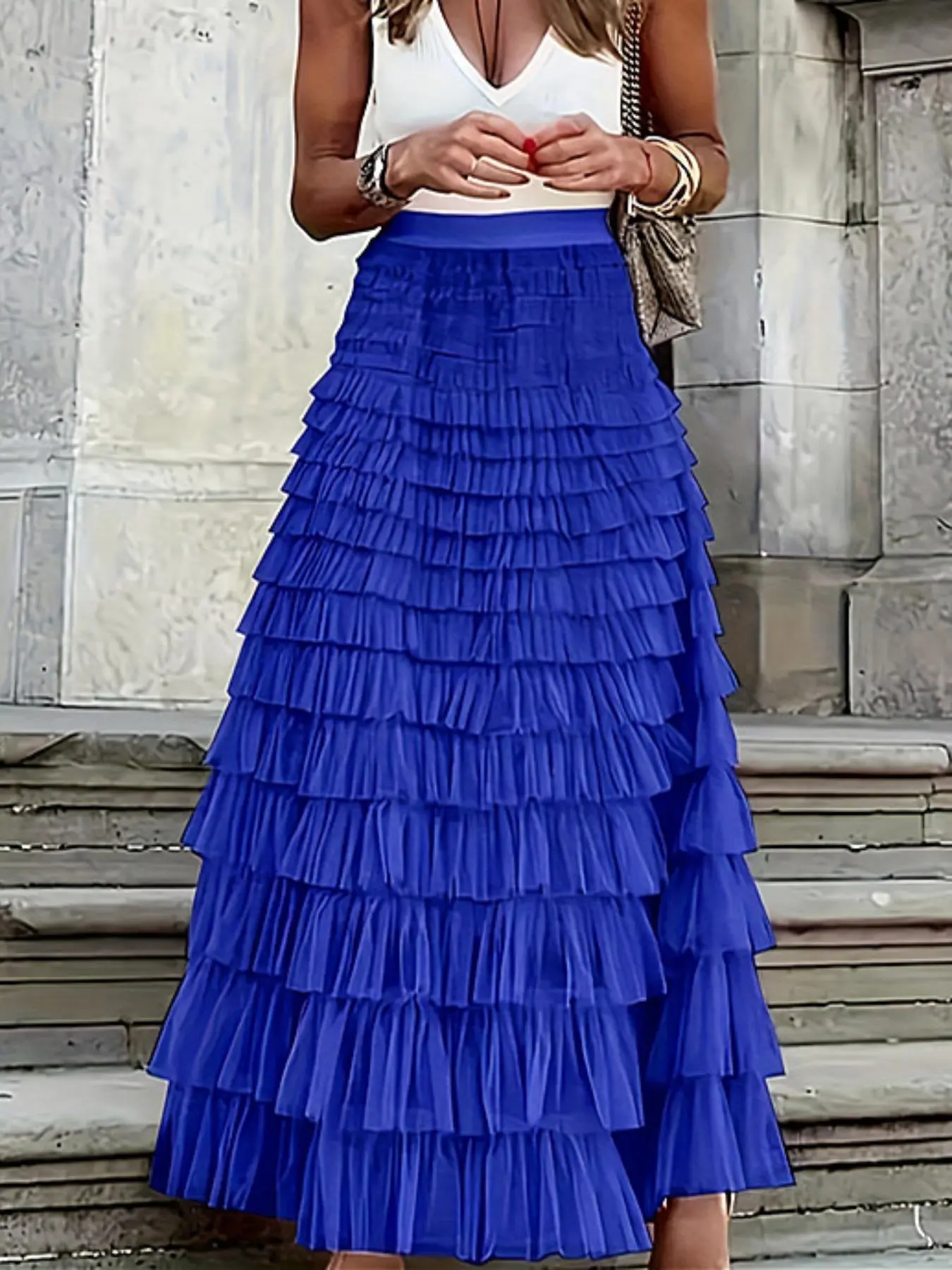 Women's Plain Ruffle Hem Tiered Layer Knit Skirt