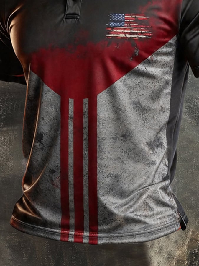 Men's Retro Patriotic Color-Block Short-Sleeve Polo Shirt