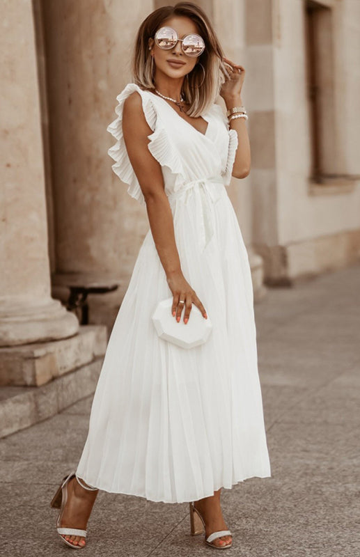 Beach Lotus Leaf Sleeve Chiffon Pleated Skirt Solid Color Dress