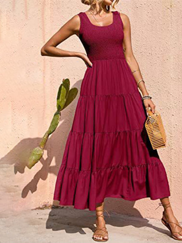 Spaghetti Strap Skirt Pleated Stitching A-Line Large Hem Dress