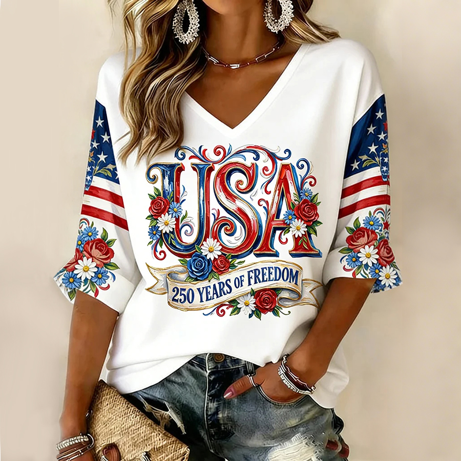Ladies' Casual American 250Th Anniversary Celebration V-Neck Half Sleeved T-Shirt