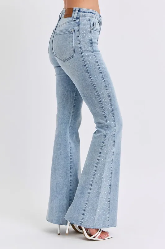 Blue Full Size Midi Rise Rhinestone Side Panel Detail Flare Jeans Plus Size