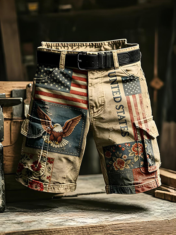 Men's Patchwork Art United States Eagle Floral Print Cargo Shorts