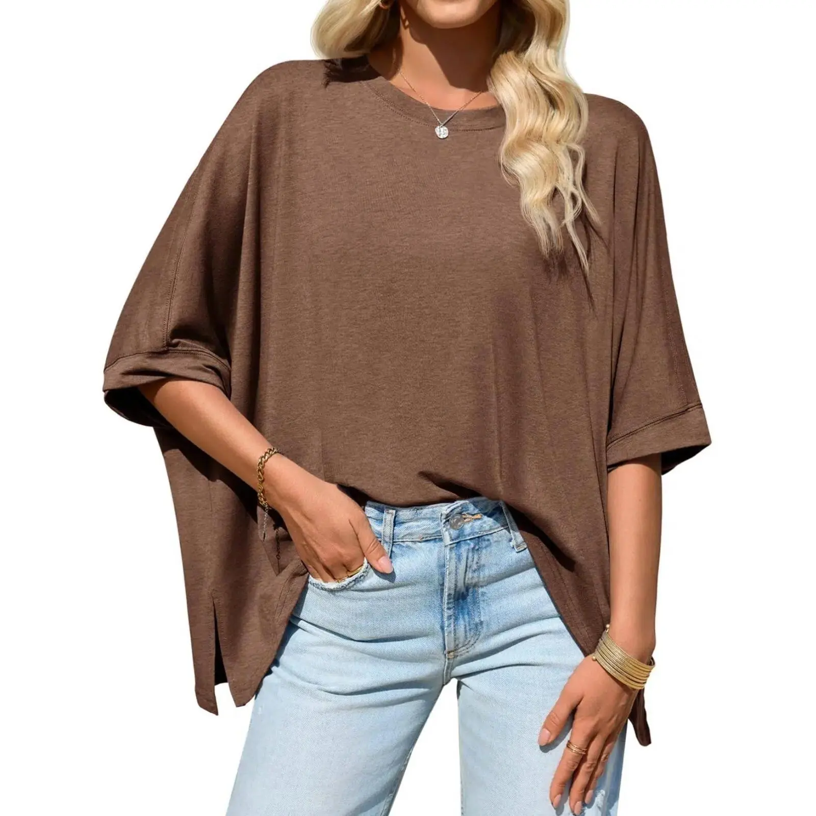 Women's Oversized Batwing Short Sleeve T-Shirt – Asymmetric Hem Loose Fit Casual Summer Tunic Tee