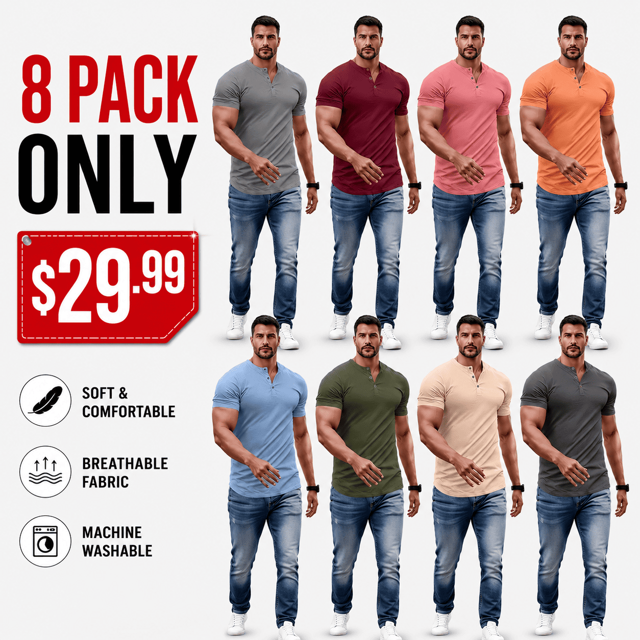 Men's Plain Muscle Slim Fitted Henley Shirts Crewneck Longline T-Shirt Gym Workout Athletic Shirt Tees