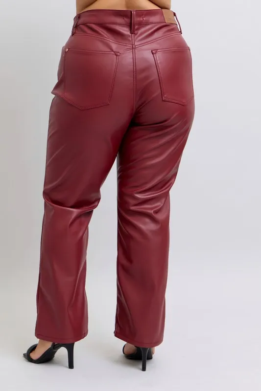 Blue Full Size High Waist Tummy Control Faux Leather Straight Pants Plus Size