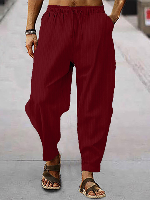 Men's Casual Plain Textured Slant Pocket Elastic Drawstring Waist Cotton Linen Pants
