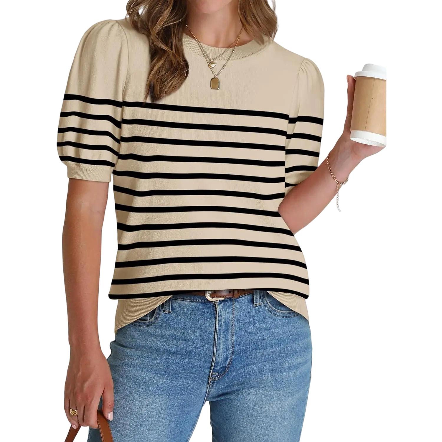 Women's Puff Short Sleeve Lightweight Knit Top Soft Breathable