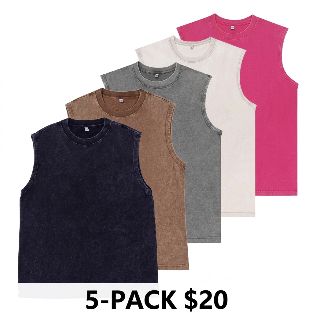 Unisex 5-Pack Acid Wash Tank Tops – Heavyweight Cotton Sleeveless Streetwear Tees