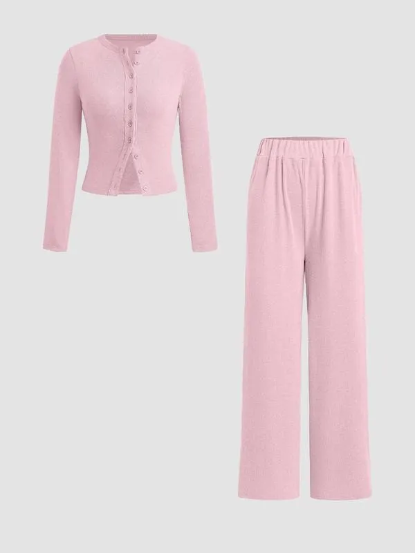 Two-piece Set Women's Solid Button Front Ribbed Crop Top & Elastic Waist Pants