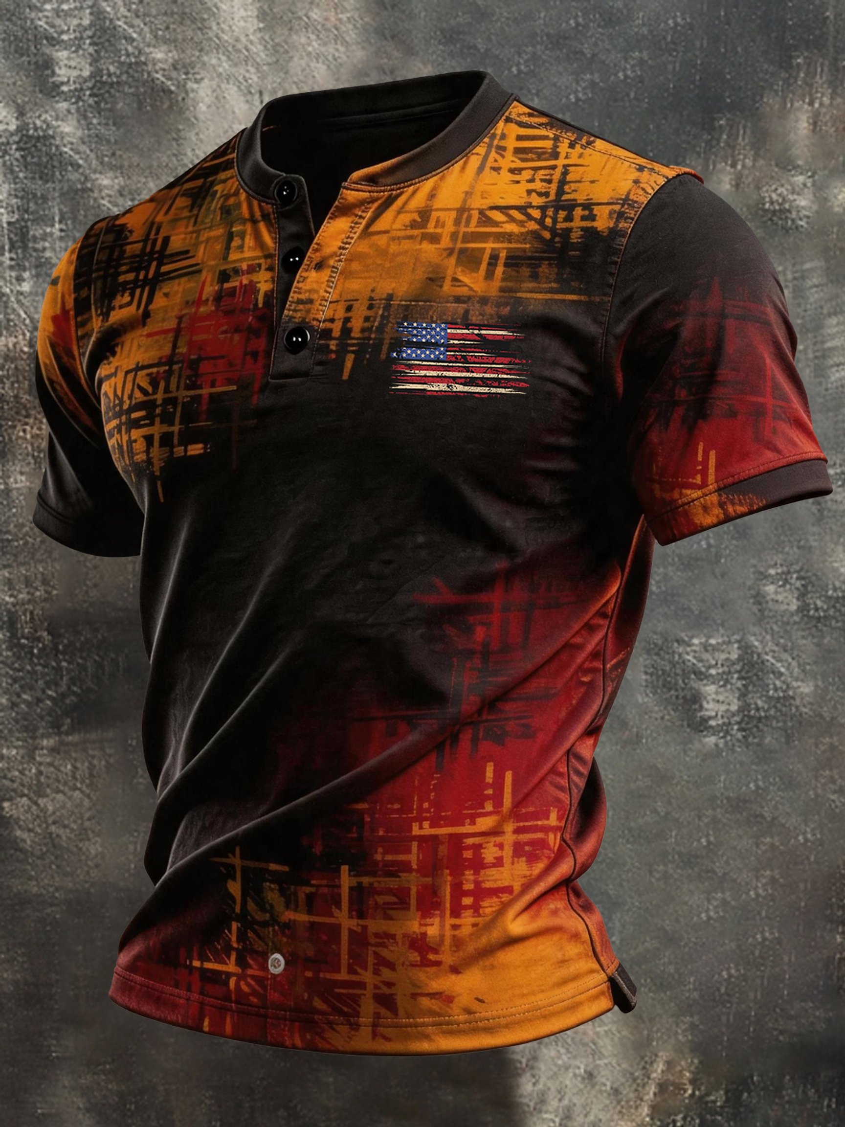 Men's Retro Patriotic Color-Block Short-Sleeve Henley T-Shirt