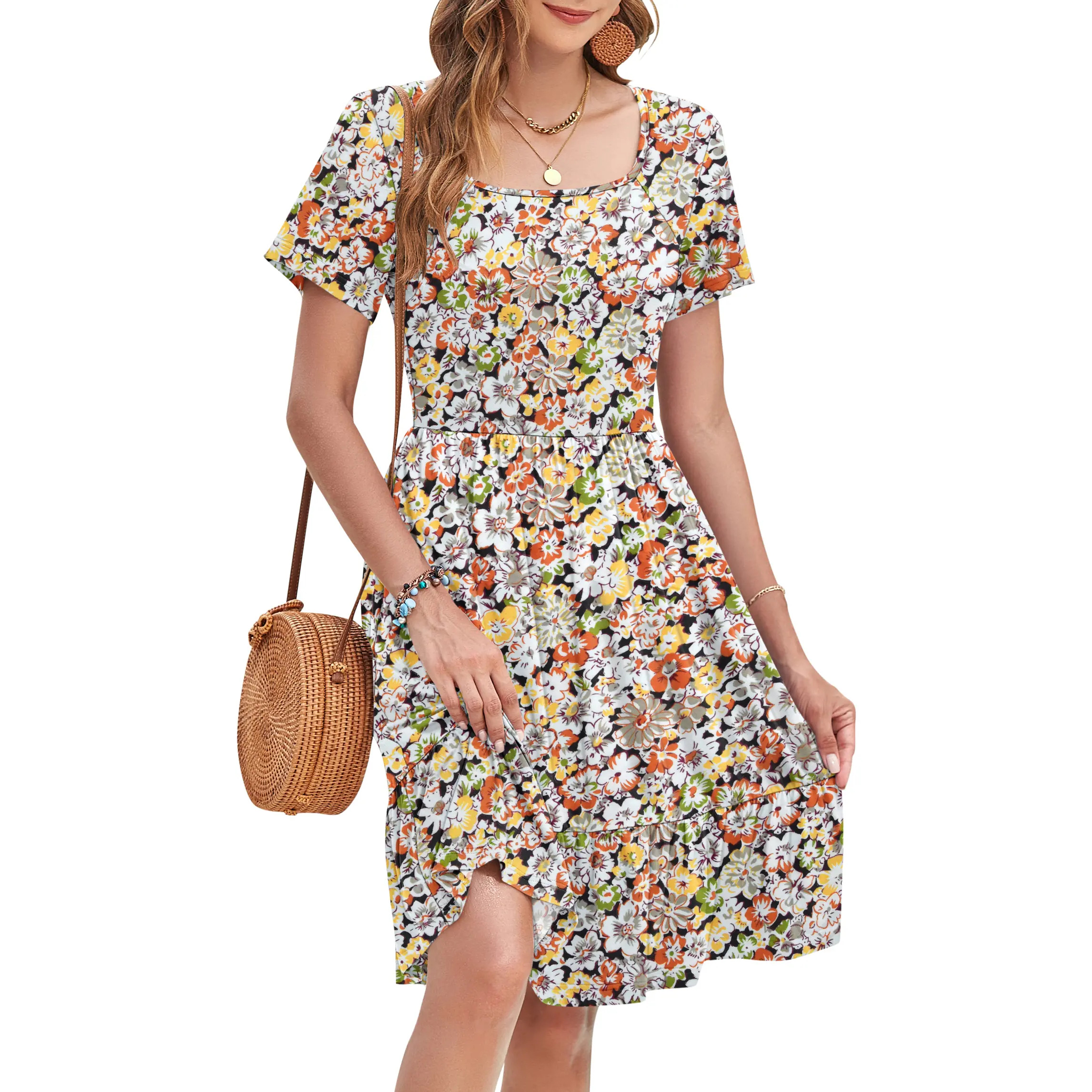 Women's Square-Neck Floral Short-Sleeve Dress (with Pockets)