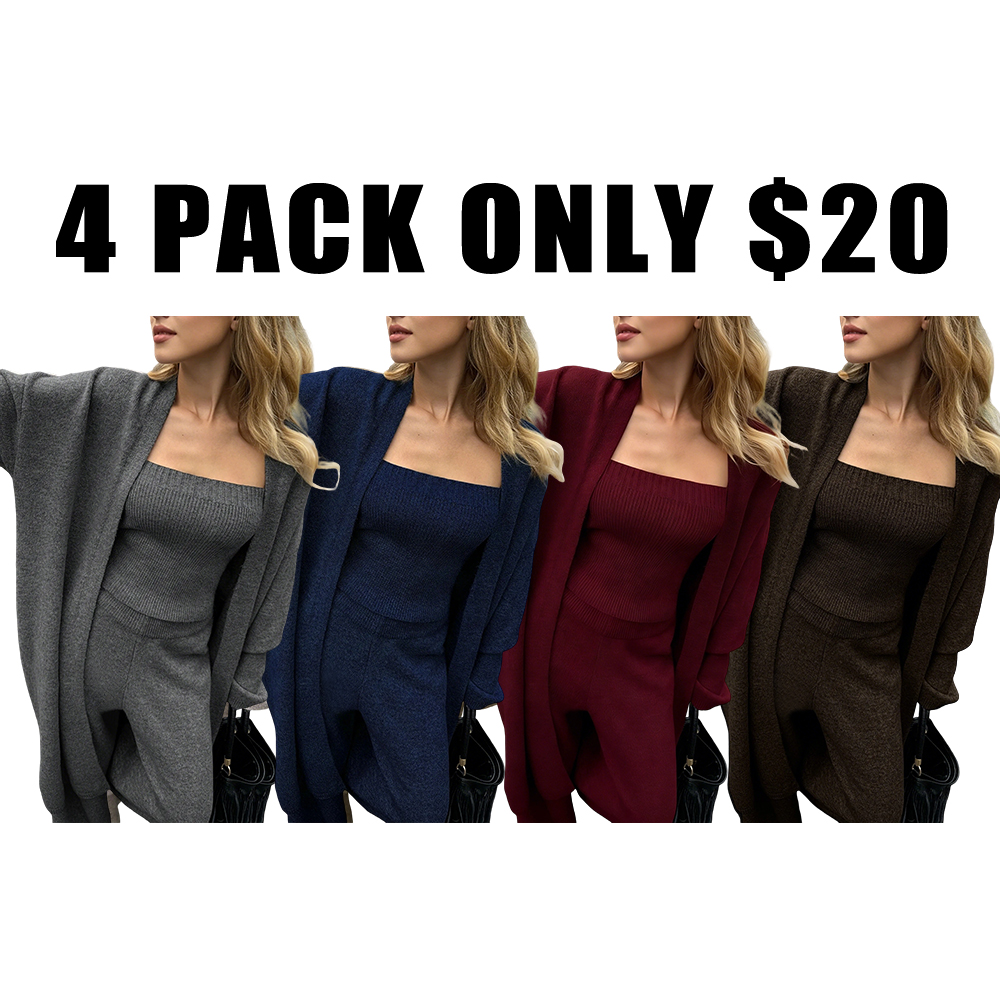 Three-Piece Knit Bustier Cardigan Pants Set
