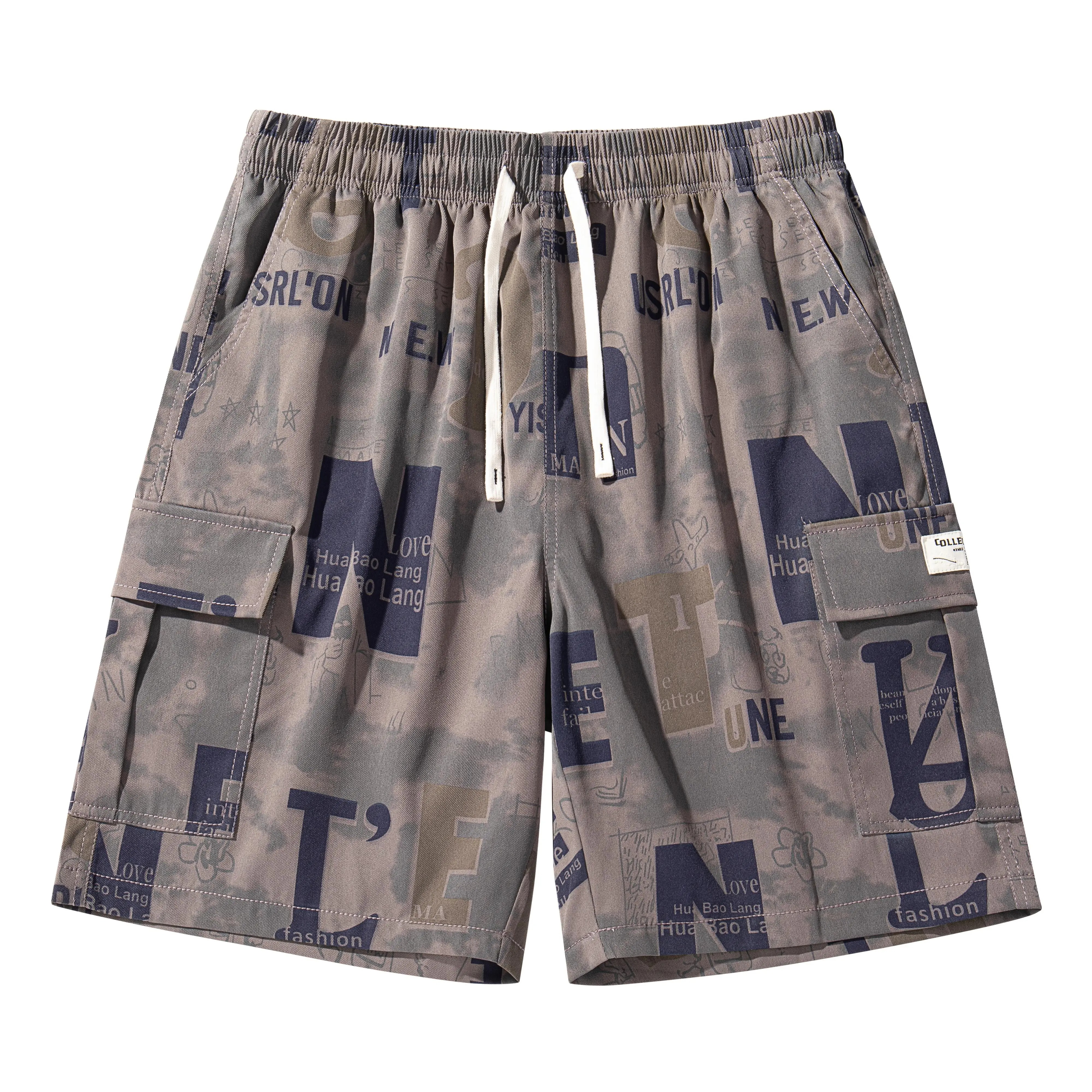 Men’s summer shorts with letter print, drawstring, and multiple pockets
