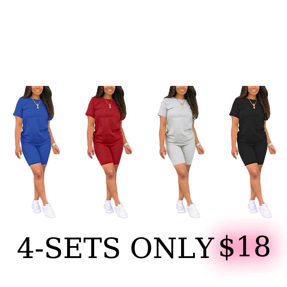 Two-Piece Set Fitted Plain Round Neck Tee & Skinny Shorts Set