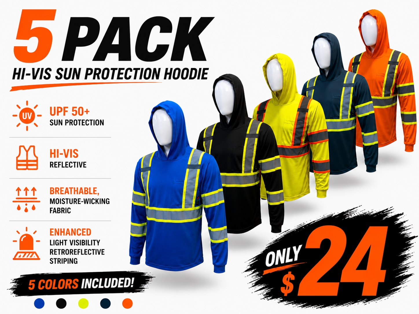 5-Pack High-Visibility Hooded Safety Shirts