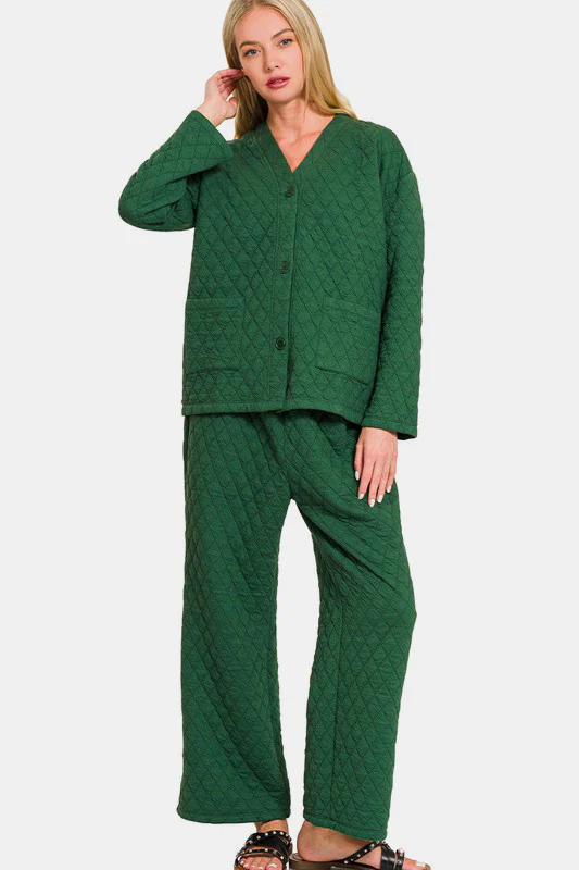 Quilted Button Up Long Sleeve Top and Pants Lounge Set
