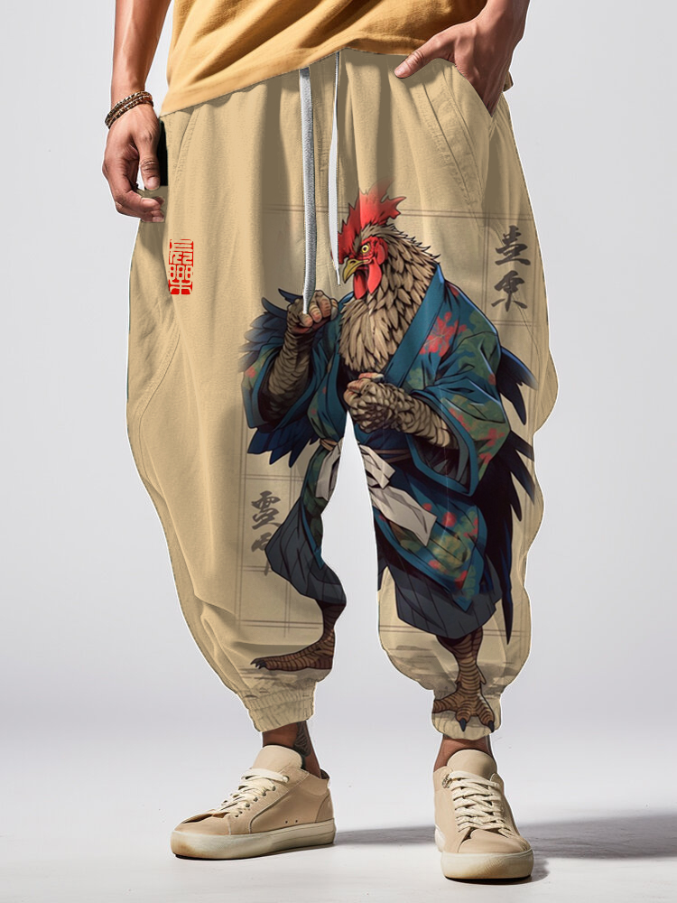 Men's Fun Rooster Samurai Ink Painting Print Loose Drawstring Waist Sweatpants