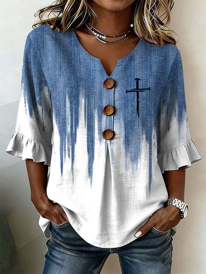 Women's Vintage Faith-Print Cotton-Linen Shirt