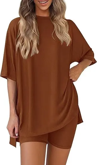 🔥Women's Two Piece Lounge Set 2026 Summer Casual Oversized Shirts Biker Shorts Matching Airport Travel Outfit