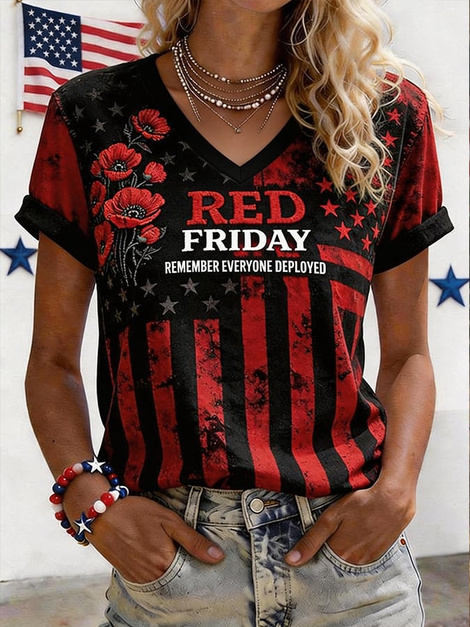 Women'S Red Friday Printed V-Neck Short-Sleeved T-Shirt