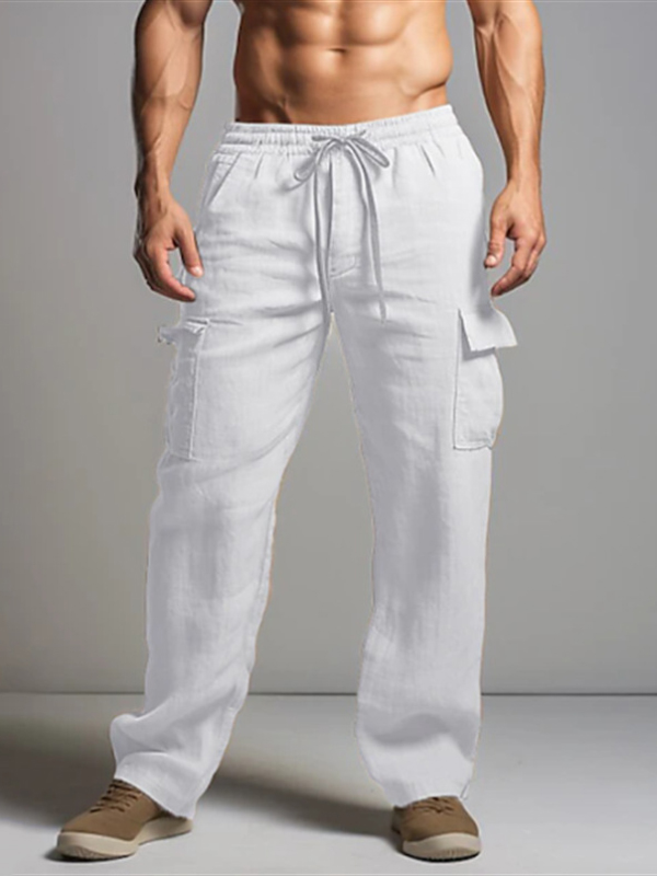 Men's Daily Cargo Pocket Drawstring Elastic Waist Cotton Linen Straight Leg Pants