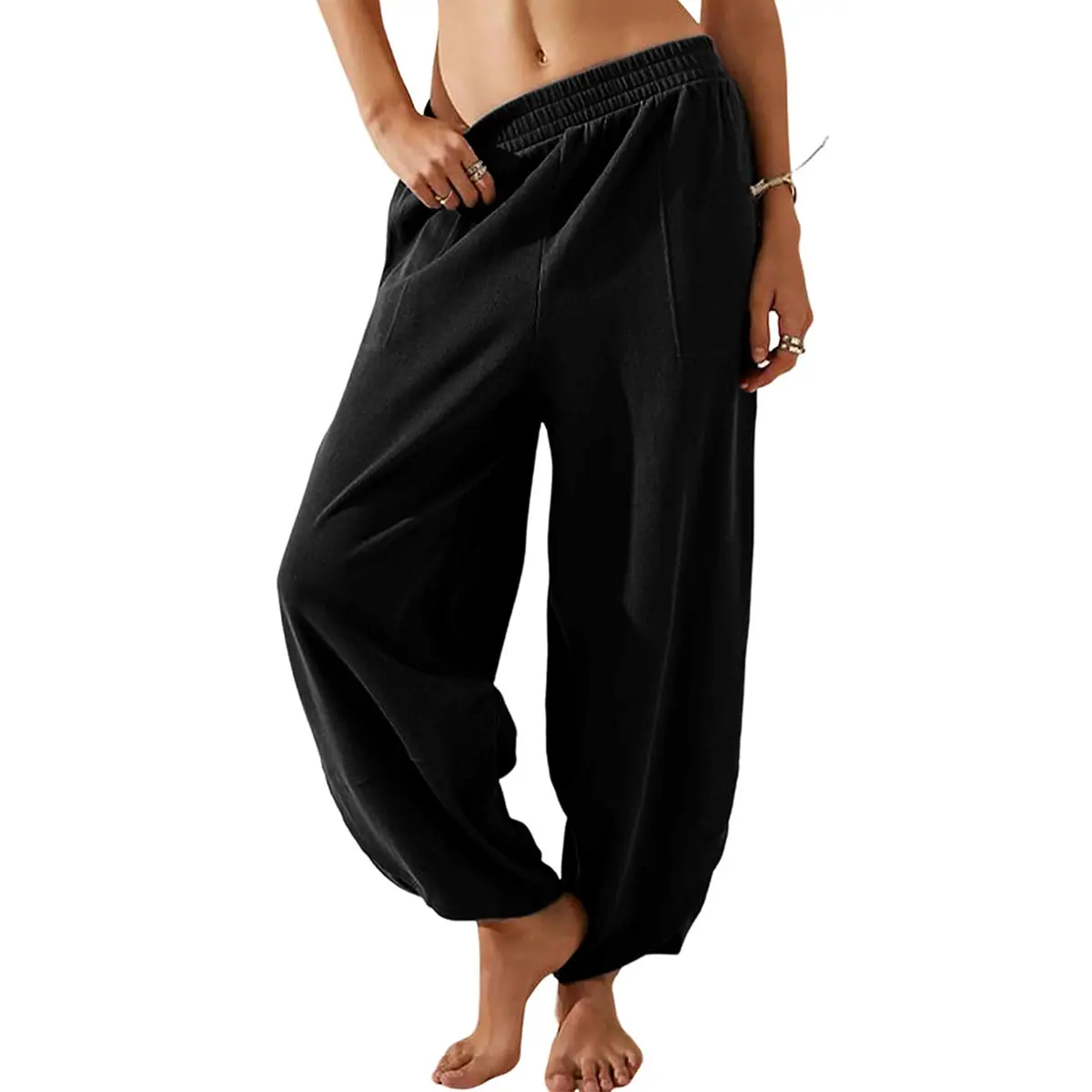 Women's Baggy Wideleg Pants Casual Elastic Waisted Palazzo Harem Pants with Pockets