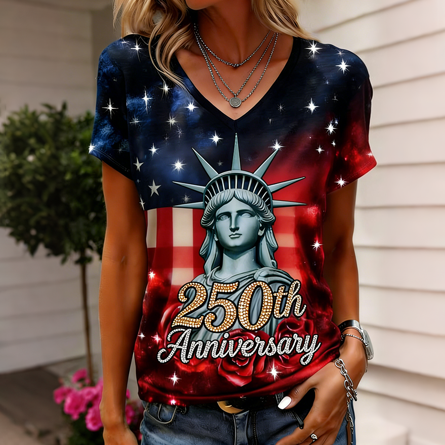 Women's 250th Anniversary Statue of Liberty Galaxy Star V-Neck T-Shirt