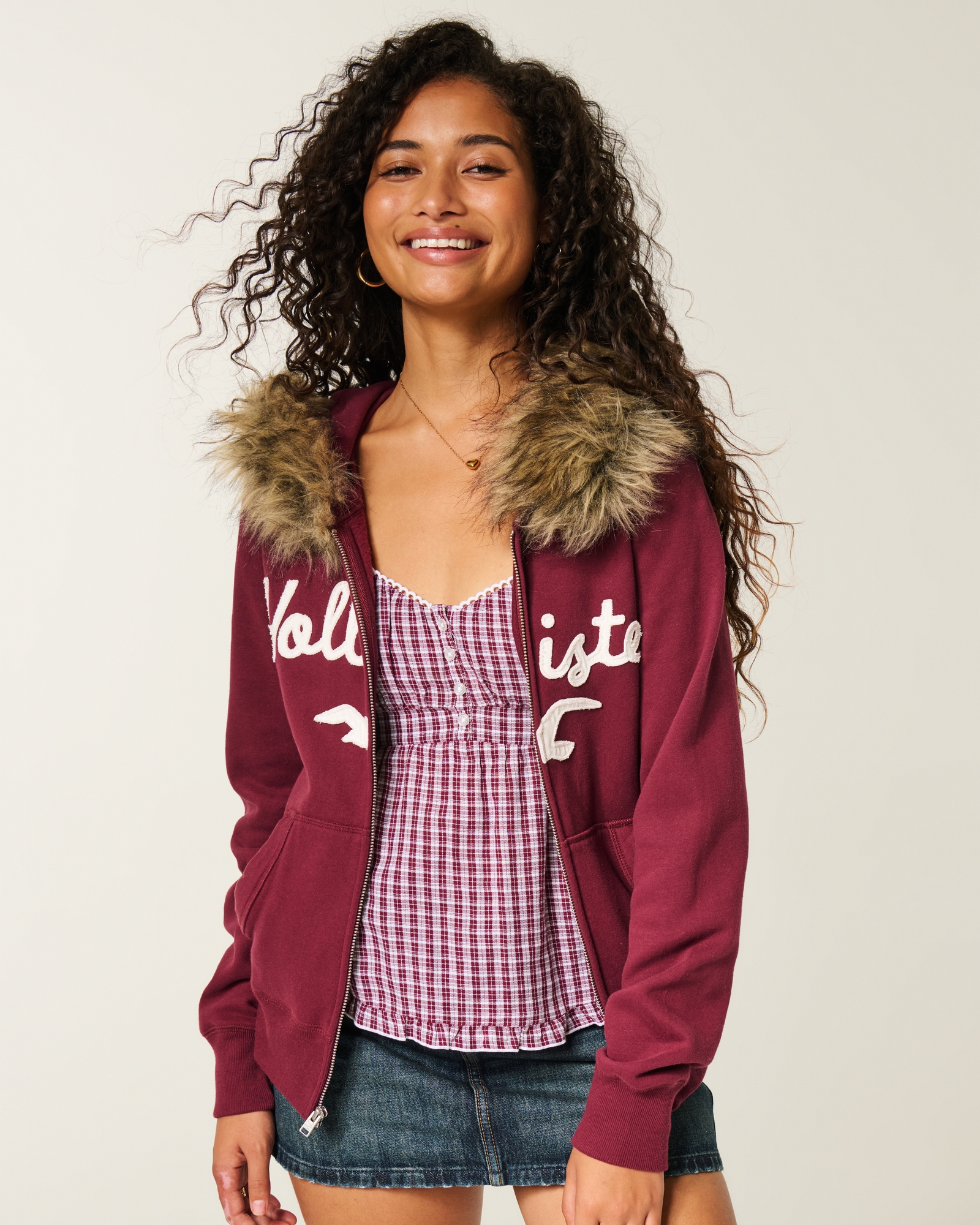 Faux Fur Trim Zip-Up Hoodie