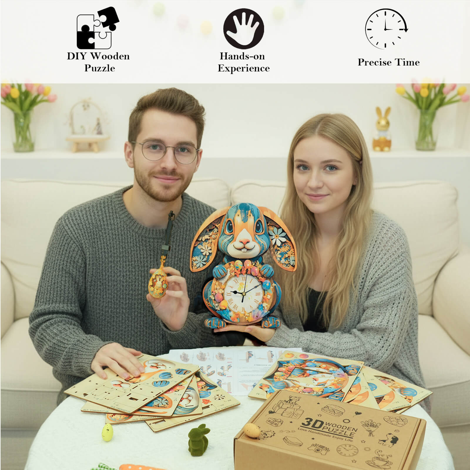 RabbitDIY Wooden Clock, 3D Puzzle Craft Kit