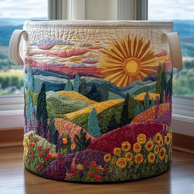 Natural Scenery and Floral Quilted Laundry Basket
