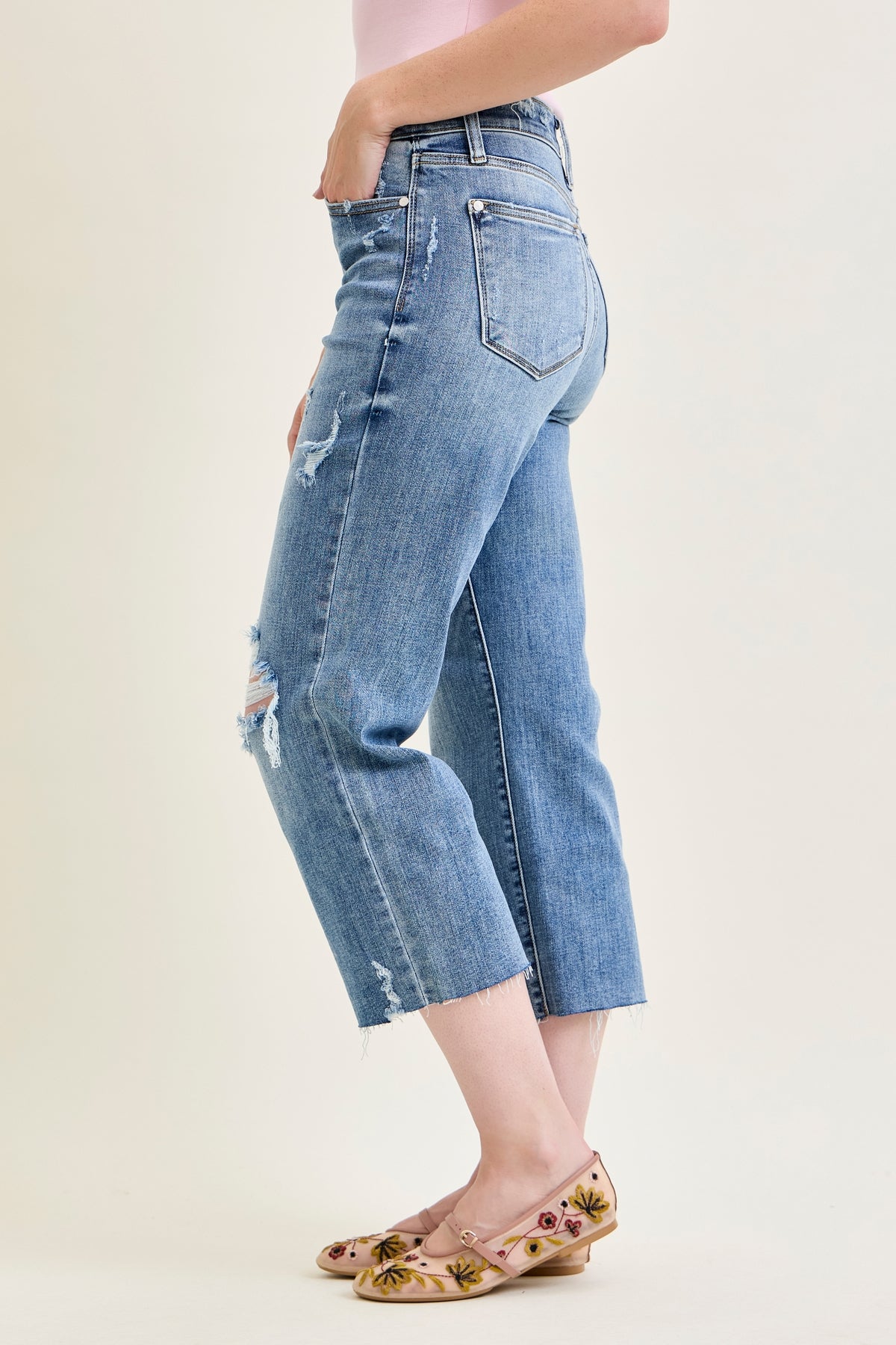 Celeste High Rise With Distressed Crop Wide Leg